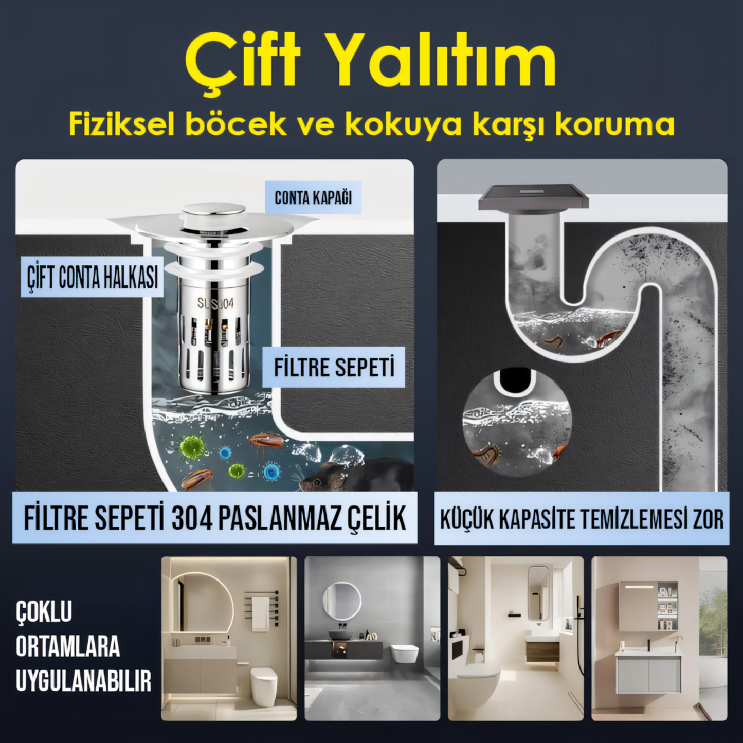 Dayanıklı, Sızdırmaz ve Koku Önleyici Pop-Up Gider Tapası (SUS304 + Pirinç)