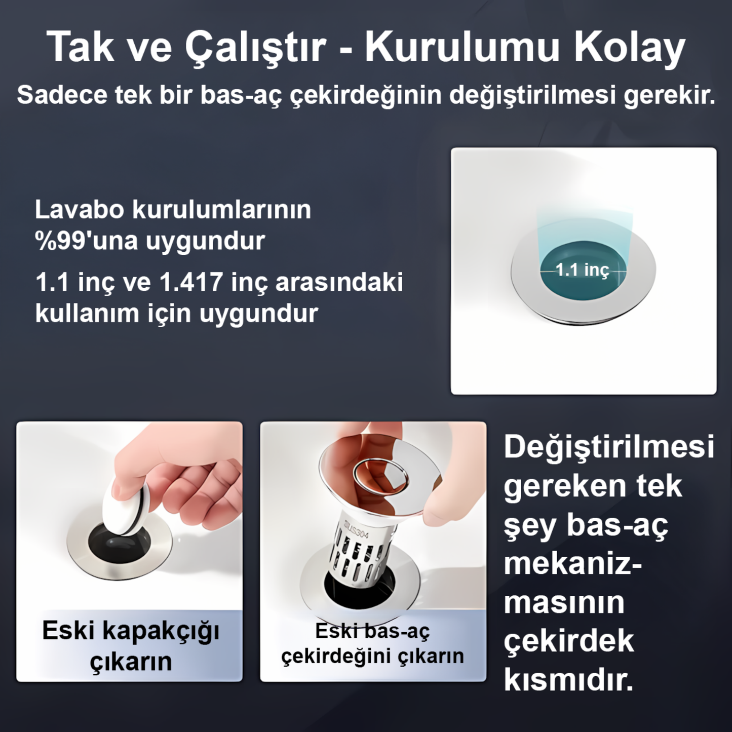 Dayanıklı, Sızdırmaz ve Koku Önleyici Pop-Up Gider Tapası (SUS304 + Pirinç)