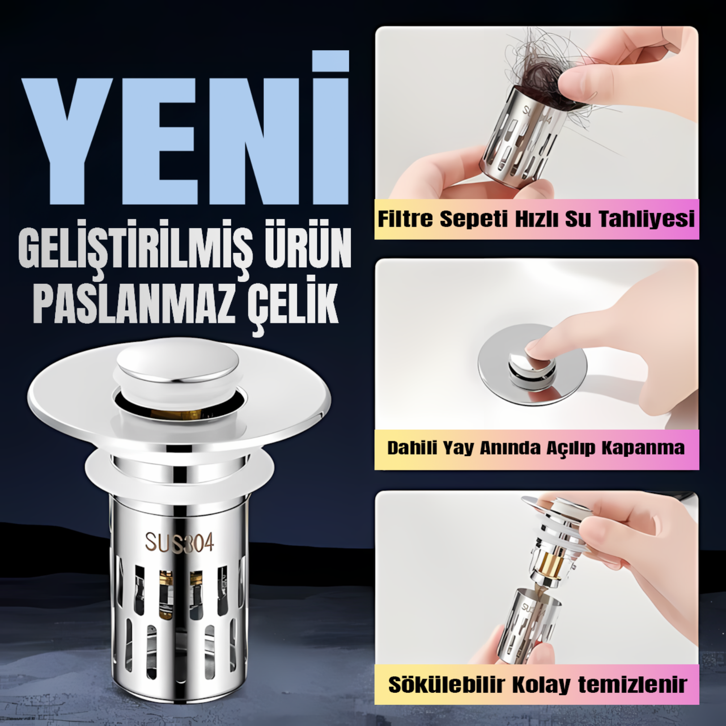 Dayanıklı, Sızdırmaz ve Koku Önleyici Pop-Up Gider Tapası (SUS304 + Pirinç)