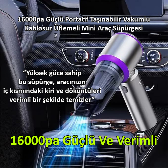 Kablosuz El Süpürgesi - 16000pa Güçlü Çekim, Fırçasız Motor, USB-C Şarjlı - Araç ve Ev