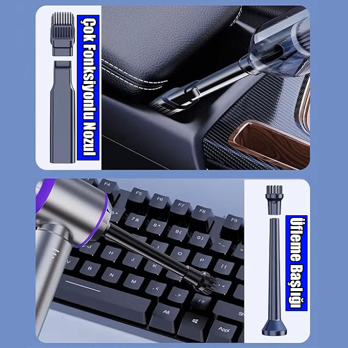 Kablosuz El Süpürgesi - 16000pa Güçlü Çekim, Fırçasız Motor, USB-C Şarjlı - Araç ve Ev