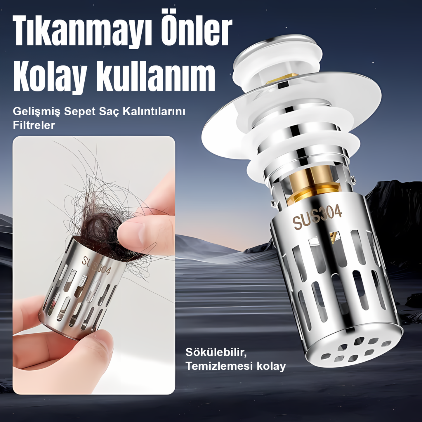 Dayanıklı, Sızdırmaz ve Koku Önleyici Pop-Up Gider Tapası (SUS304 + Pirinç)