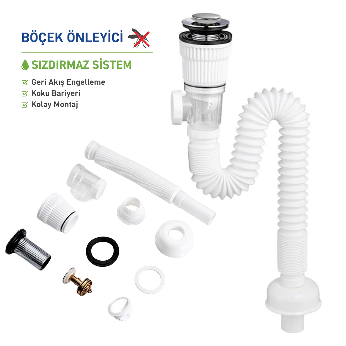 Banyo ve Mutfak İçin Esnek Lavabo Gider Takımı | Kolay Montajlı, Böcek Önleyici, Sızdırmaz Sistem