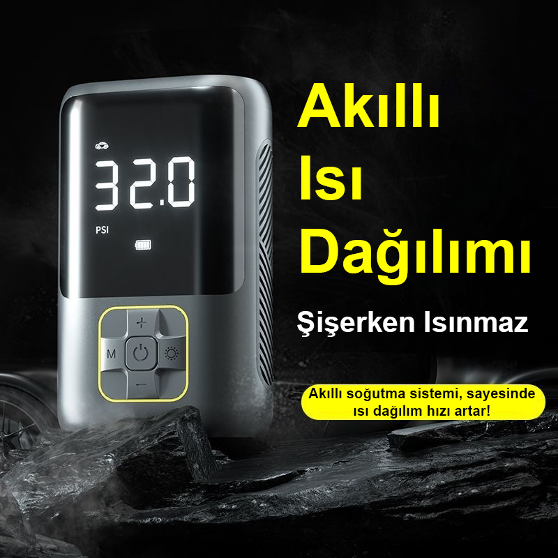 Taşınabilir Mini Hava Pompası | Dijital Ekranlı Akıllı Akülü Kompresör | Araba, Motosiklet, Bisiklet ve Toplar İçin