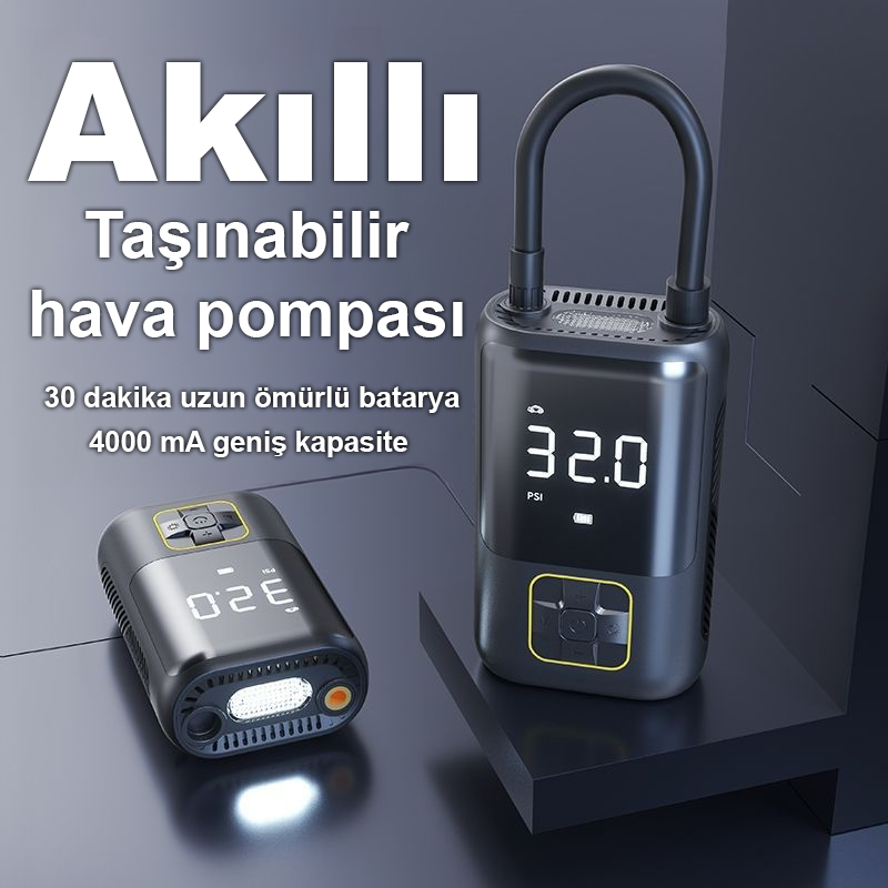 Taşınabilir Mini Hava Pompası | Dijital Ekranlı Akıllı Akülü Kompresör | Araba, Motosiklet, Bisiklet ve Toplar İçin