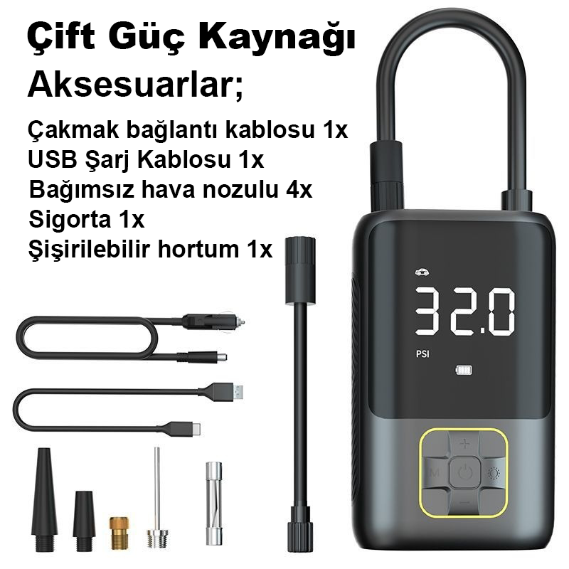 Taşınabilir Mini Hava Pompası | Dijital Ekranlı Akıllı Akülü Kompresör | Araba, Motosiklet, Bisiklet ve Toplar İçin
