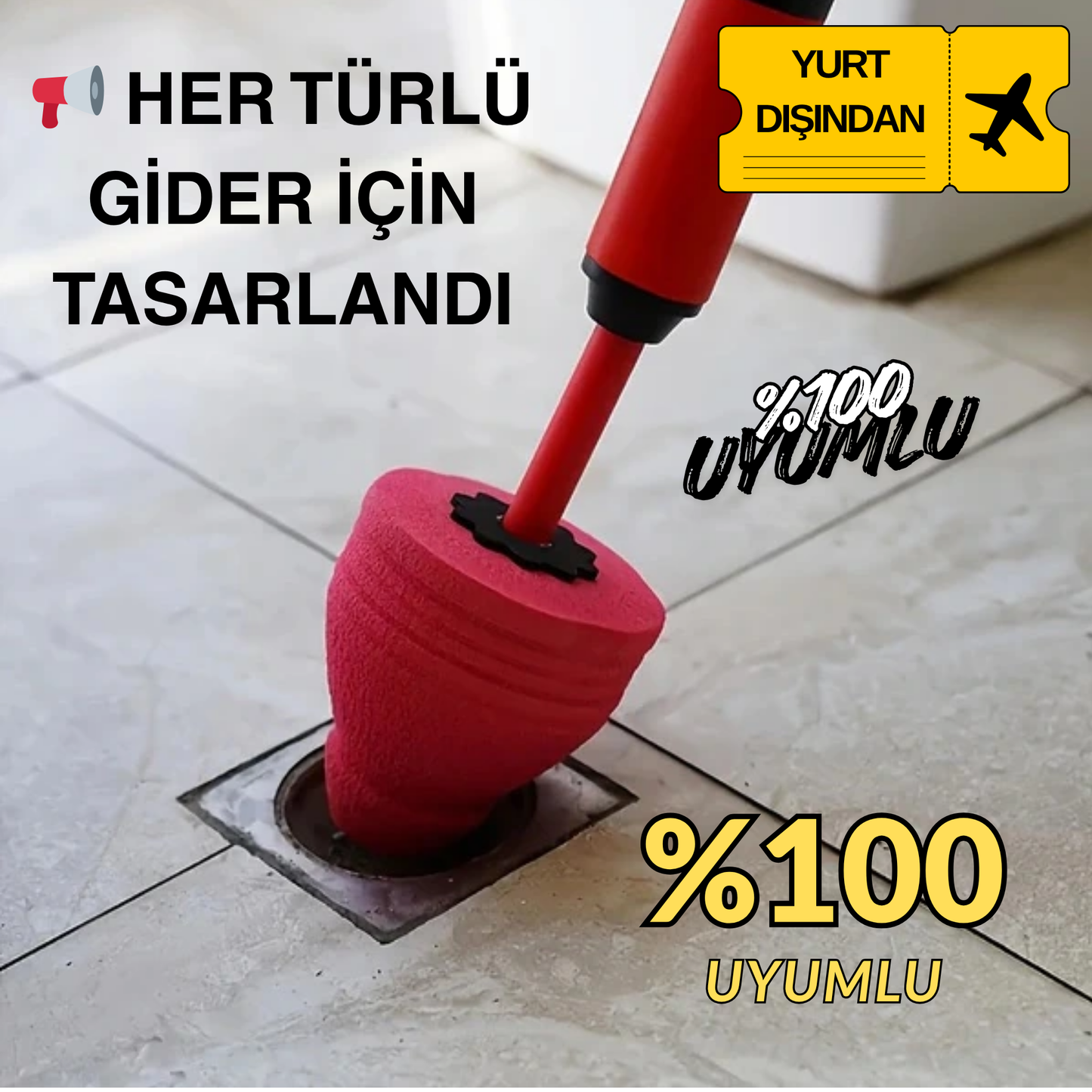 Banyo lavabosu ve duş giderleri için kullanıma hazır, güçlü tıkanıklık açma pompası.