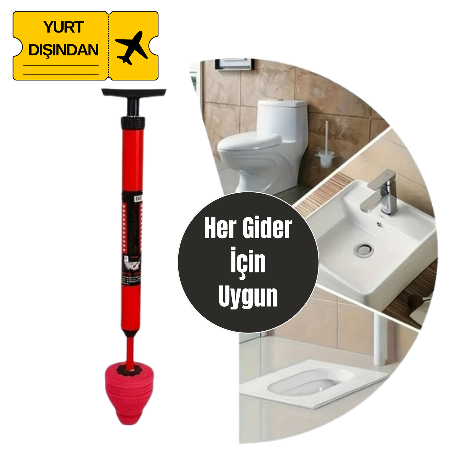 Tuvalet tıkanıklığı açmada etkili, yüksek basınçlı pompanın kesit görünümü ve kullanım şekli.