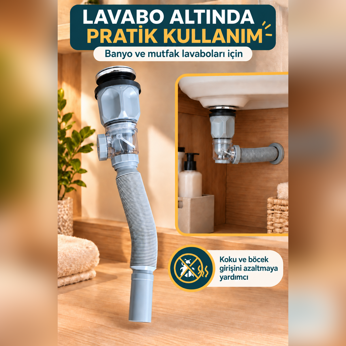 Banyo ve Mutfak İçin Lavabo Gider Takımı | Kolay Montajlı, Böcek - Koku Önleyici, Sızdırmaz Sistem