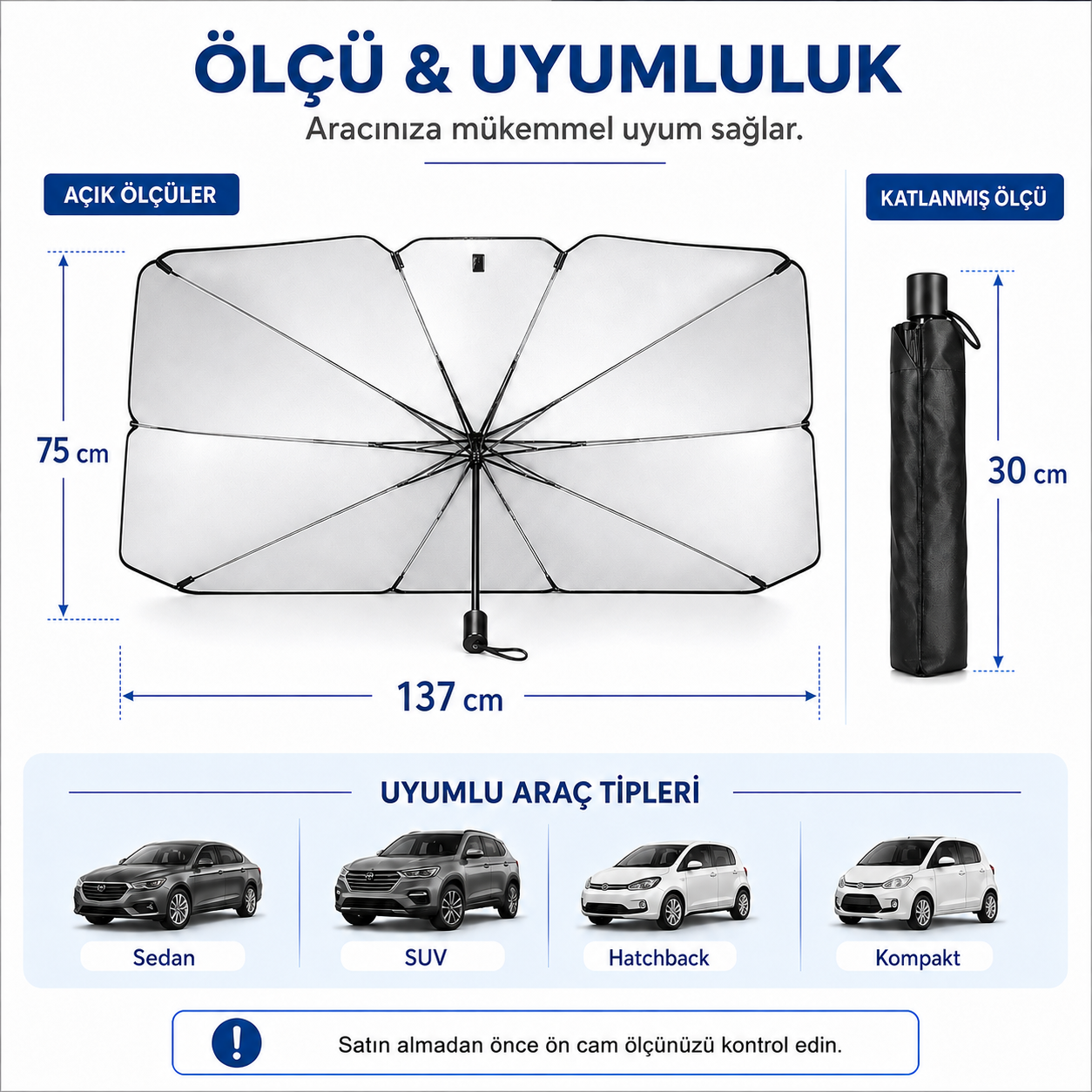 Katlanabilir Şemsiye Tipi Araç Ön Cam Güneşliği 137x75 cm – Taşıma Kılıflı Oto Gölgelik