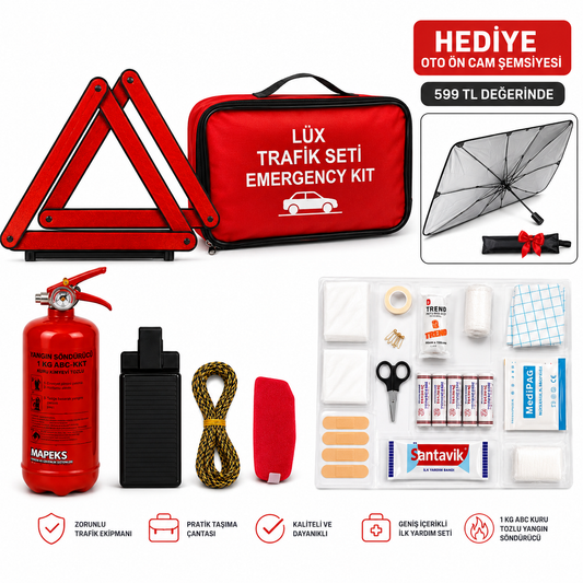 Lüks Araç Trafik Güvenlik Seti – 1 KG Yangın Söndürücü, İlk Yardım Çantası, Katlanabilir Reflektör, Çekme Halatı + 599 TL Değerinde Oto Ön Cam Şemsiyesi Hediye