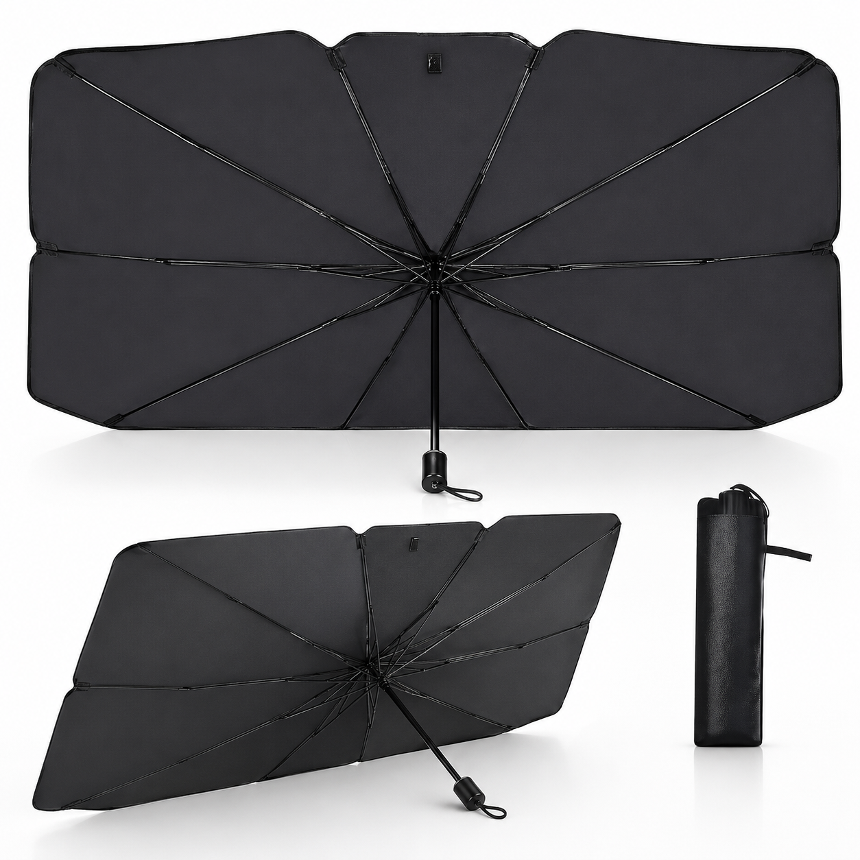 Katlanabilir Şemsiye Tipi Araç Ön Cam Güneşliği 145x79 cm – Taşıma Kılıflı Oto Gölgelik