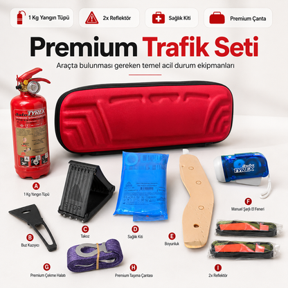 1 Kg Yangın Tüplü Premium Araç Trafik Seti – İlk Yardım Kitli ve 2 Reflektörlü