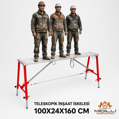 Midilli 400 Kg Taşıma Kapasiteli Teleskopik Katlanır İnşaat İskelesi – Alüminyum Platform, Çelik Ayak, 100×24×160 cm