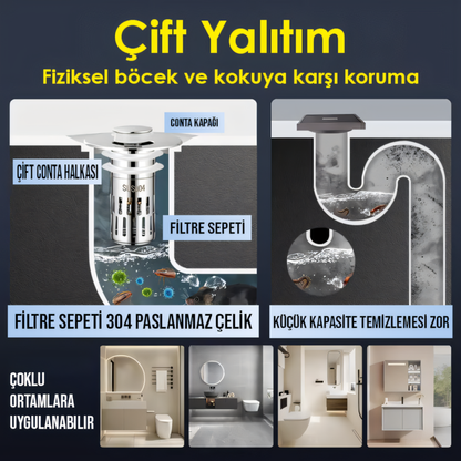 Dayanıklı, Sızdırmaz ve Koku Önleyici Pop-Up Gider Tapası (SUS304 + Pirinç)