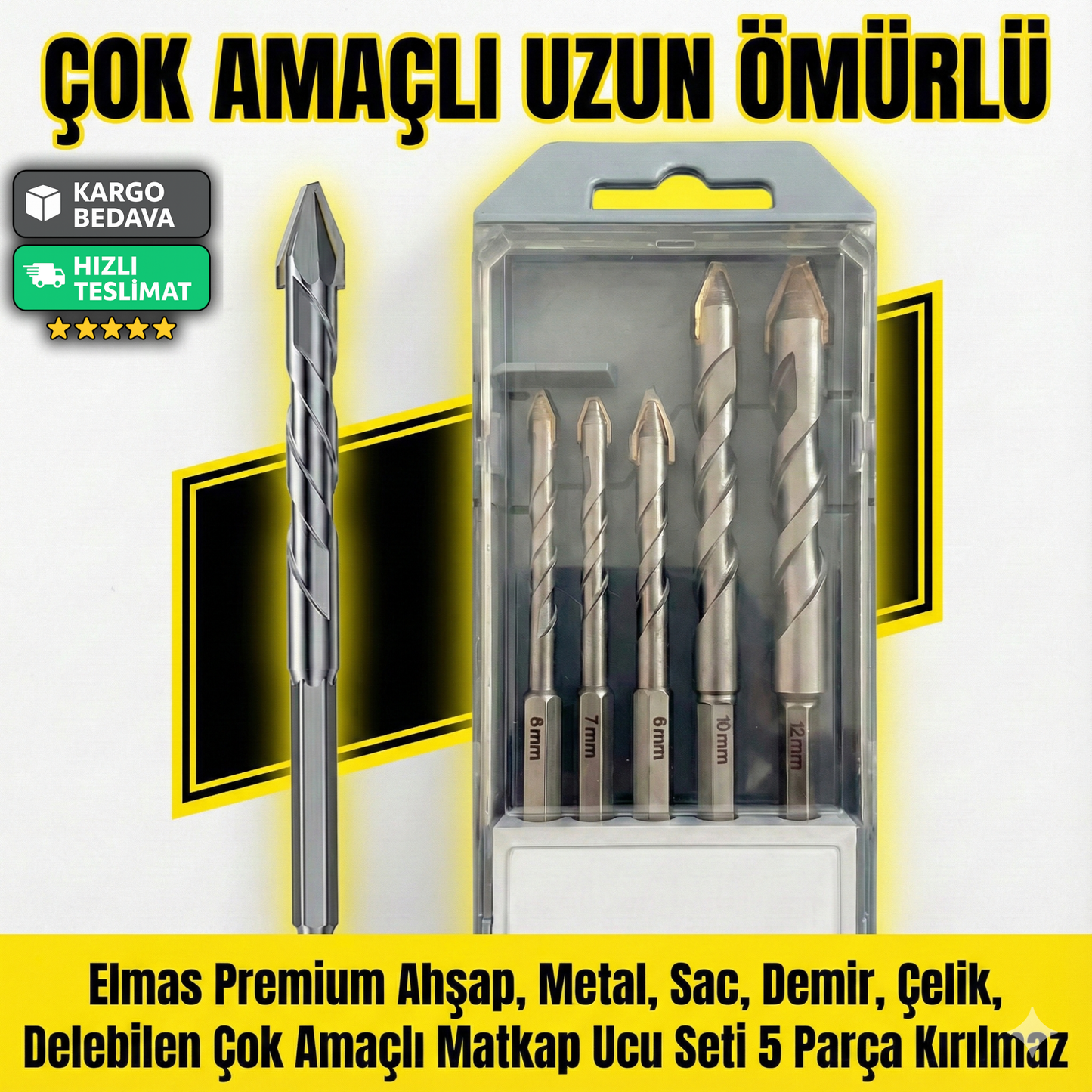 Premium Diamond Drill Bit Set – Ahşap, Metal, Çelik İçin 5'li Kırılmaz Uçlar