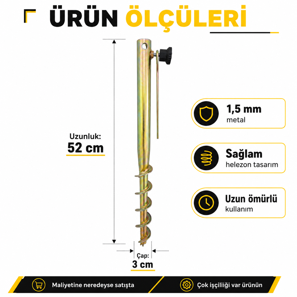 1,5 mm Metal Şemsiye Sabitleme Aparatı 52 cm – Vidalı Zemin Kazığı Seti
