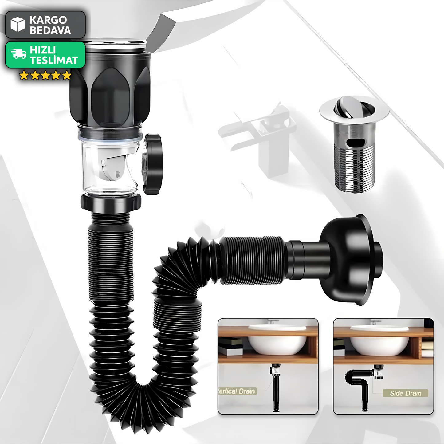 Esnek Lavabo Gider Seti – Sızdırmaz, Böcek Önleyici, Kolay Montaj