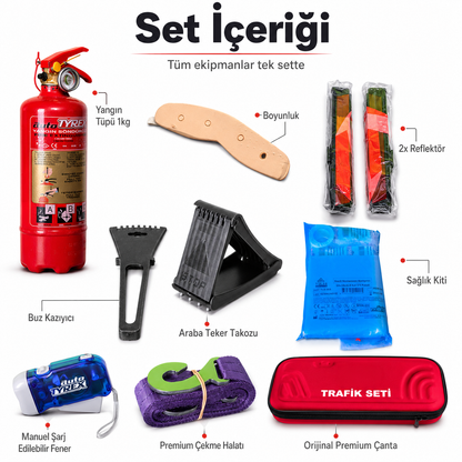 1 Kg Yangın Tüplü Premium Araç Trafik Seti – İlk Yardım Kitli ve 2 Reflektörlü