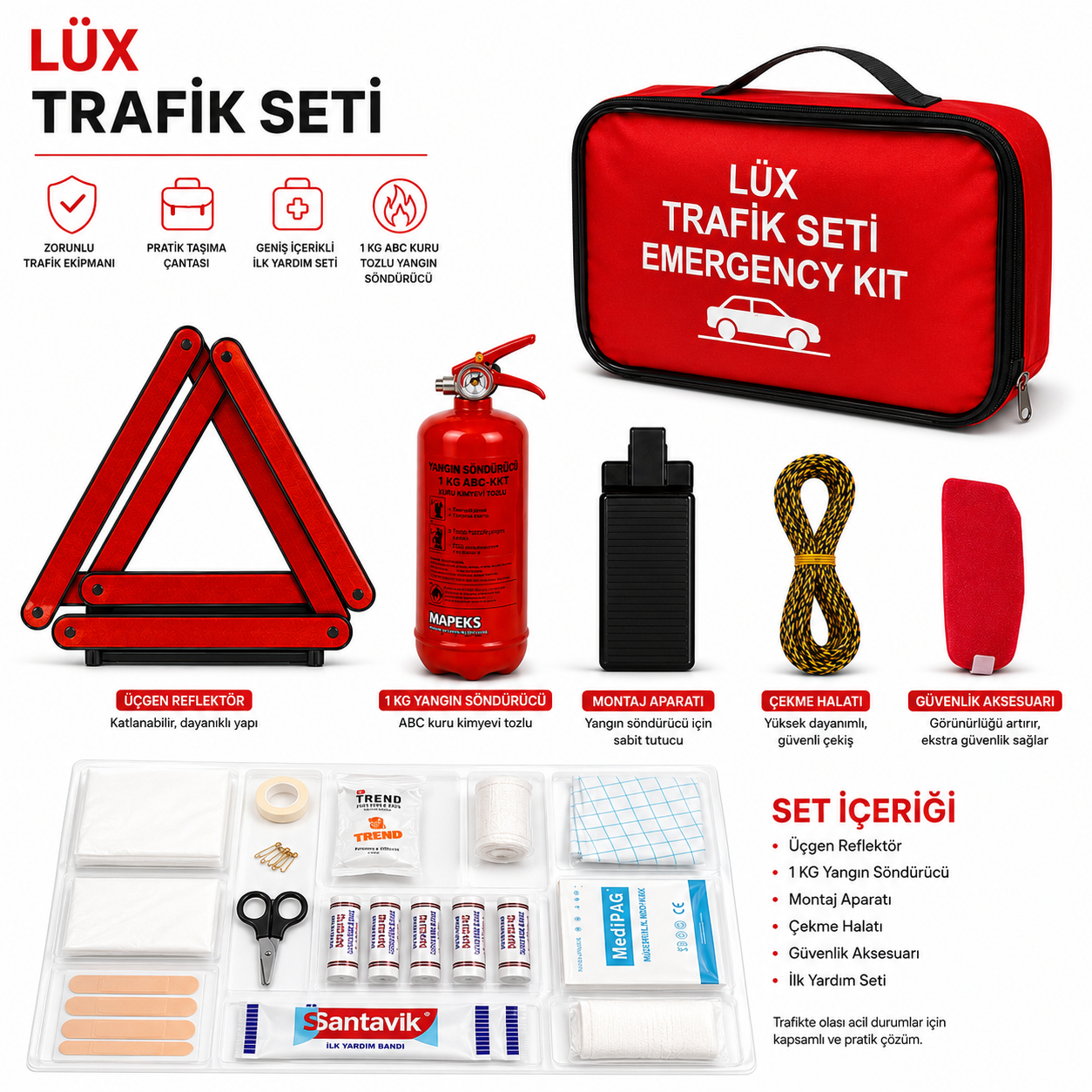 Lüks Araç Trafik Güvenlik Seti – 1 KG Yangın Söndürücü, İlk Yardım Çantası, Katlanabilir Reflektör, Çekme Halatı + 599 TL Değerinde Oto Ön Cam Şemsiyesi Hediye
