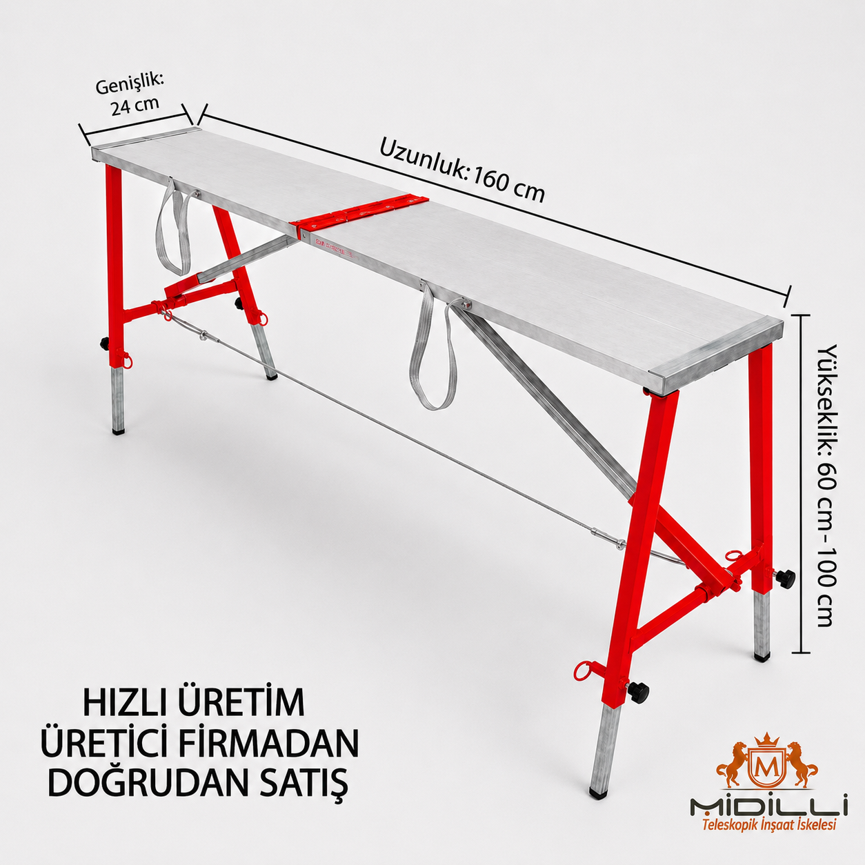 Midilli 400 Kg Taşıma Kapasiteli Teleskopik Katlanır İnşaat İskelesi – Alüminyum Platform, Çelik Ayak, 100×24×160 cm