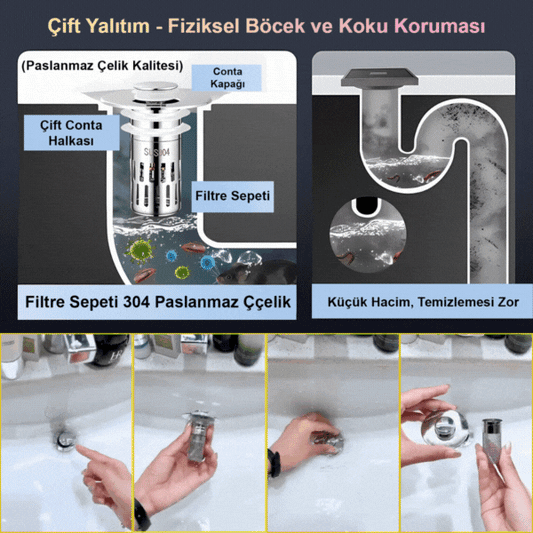 Dayanıklı, Sızdırmaz ve Koku Önleyici Pop-Up Gider Tapası (SUS304 + Pirinç)