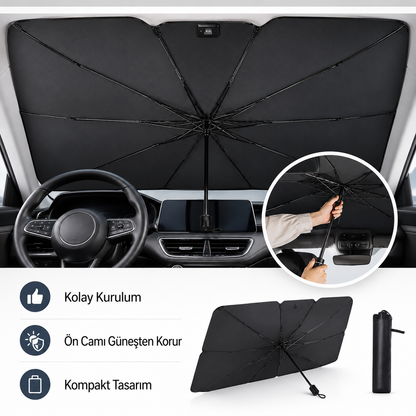 Katlanabilir Şemsiye Tipi Araç Ön Cam Güneşliği 145x79 cm – Taşıma Kılıflı Oto Gölgelik