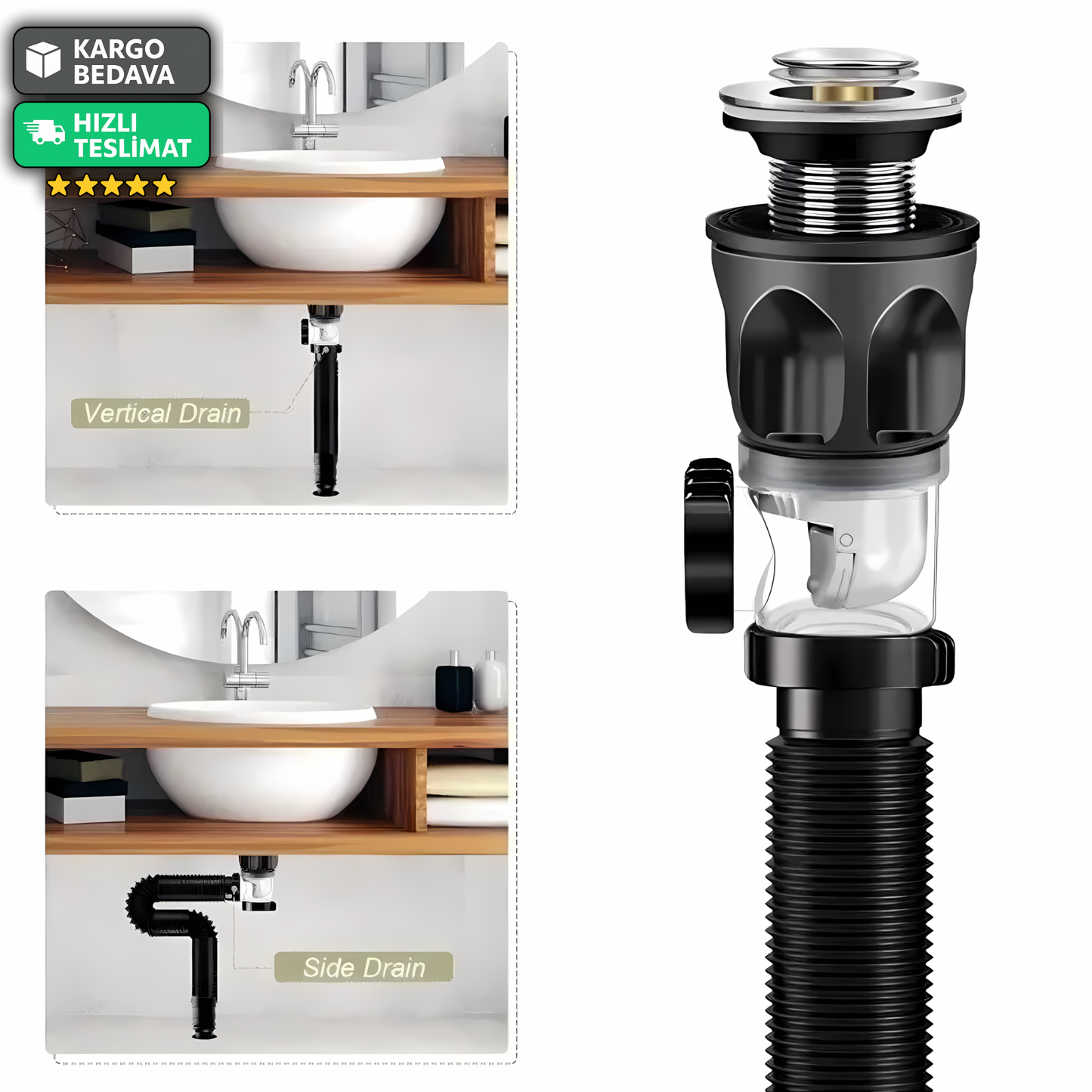 Esnek Lavabo Gider Seti – Sızdırmaz, Böcek Önleyici, Kolay Montaj