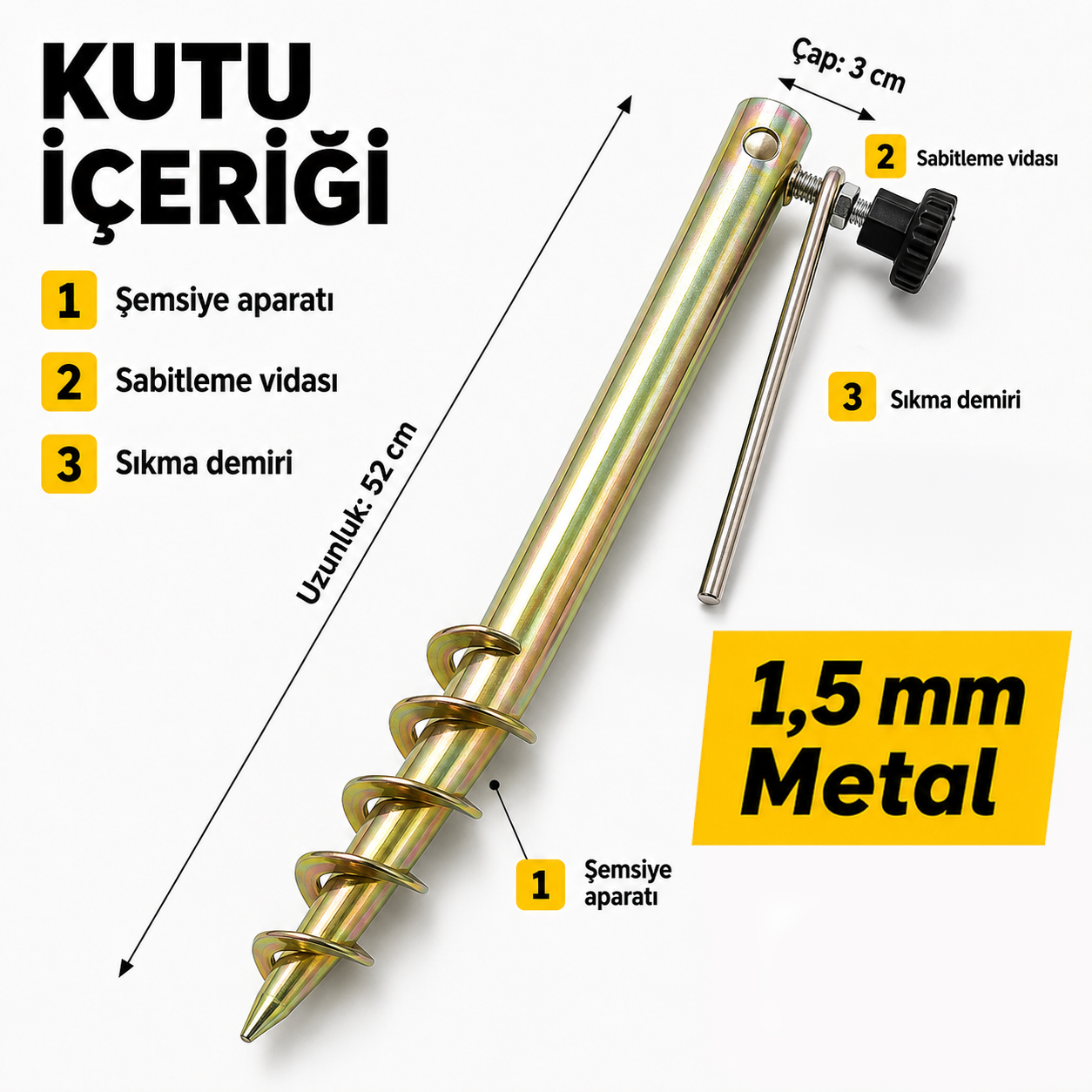 1,5 mm Metal Şemsiye Sabitleme Aparatı 52 cm – Vidalı Zemin Kazığı Seti