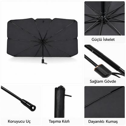 Katlanabilir Şemsiye Tipi Araç Ön Cam Güneşliği 145x79 cm – Taşıma Kılıflı Oto Gölgelik