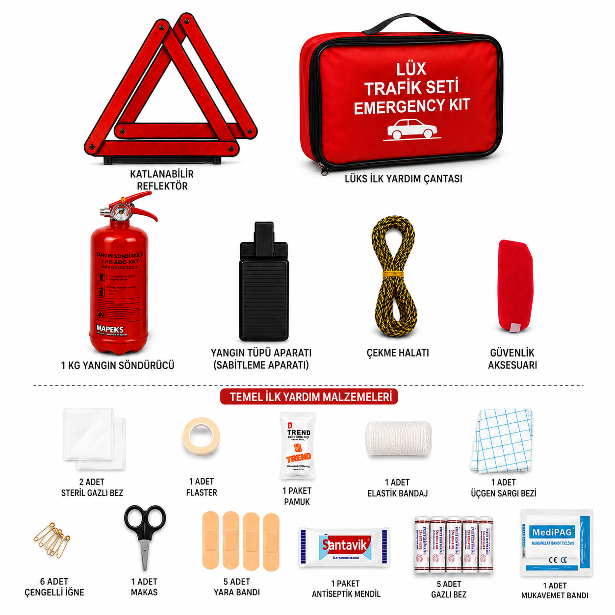 Lüks Araç Trafik Güvenlik Seti – 1 KG Yangın Söndürücü, İlk Yardım Çantası, Katlanabilir Reflektör, Çekme Halatı + 599 TL Değerinde Oto Ön Cam Şemsiyesi Hediye