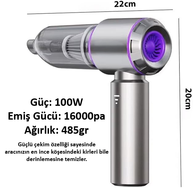 Kablosuz El Süpürgesi - 16000pa Güçlü Çekim, Fırçasız Motor, USB-C Şarjlı - Araç ve Ev