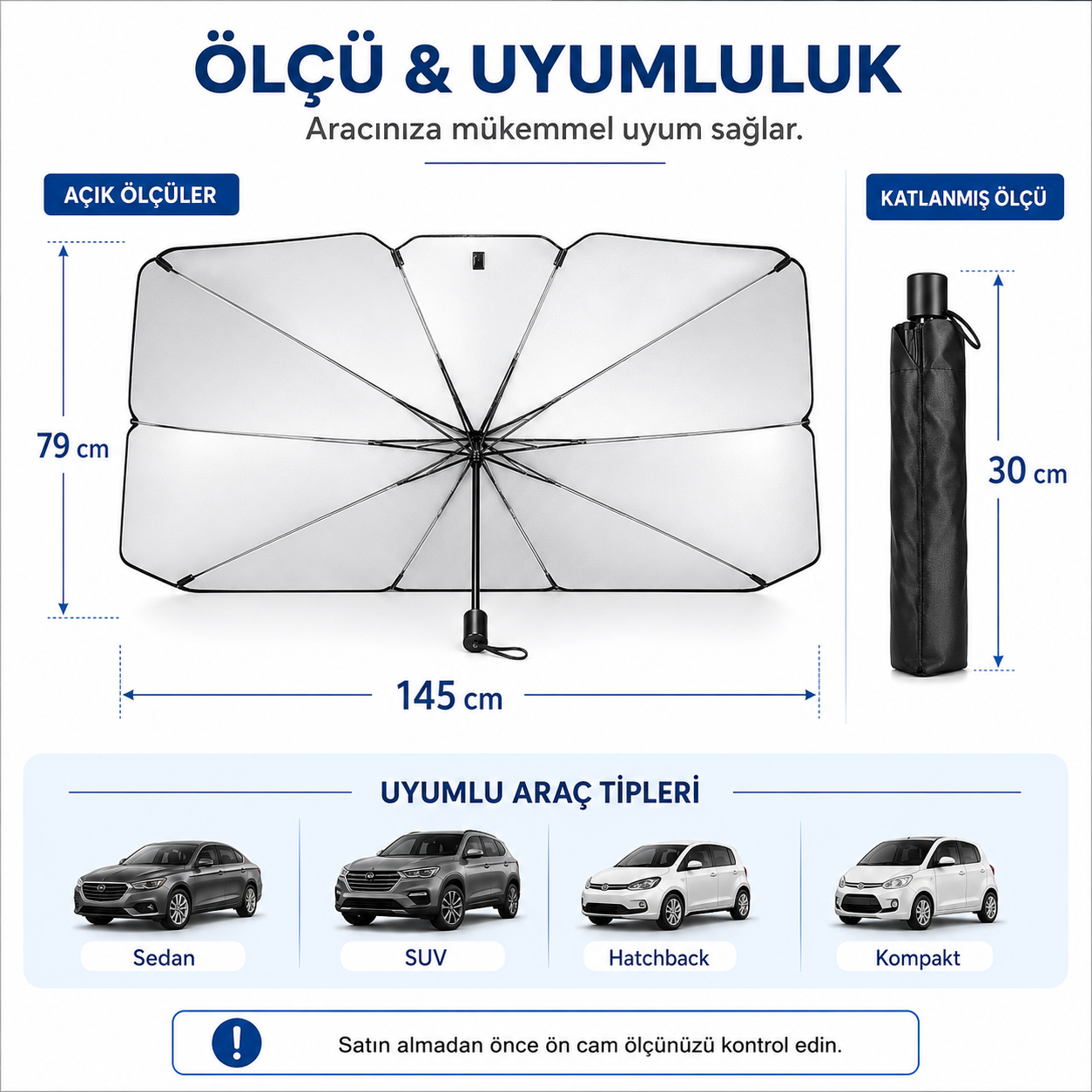 Katlanabilir Şemsiye Tipi Araç Ön Cam Güneşliği 145x79 cm – Taşıma Kılıflı Oto Gölgelik