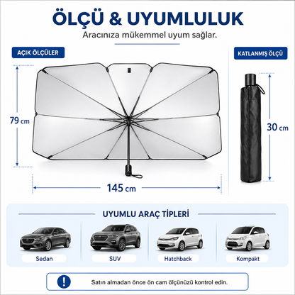 Katlanabilir Şemsiye Tipi Araç Ön Cam Güneşliği 145x79 cm – Taşıma Kılıflı Oto Gölgelik