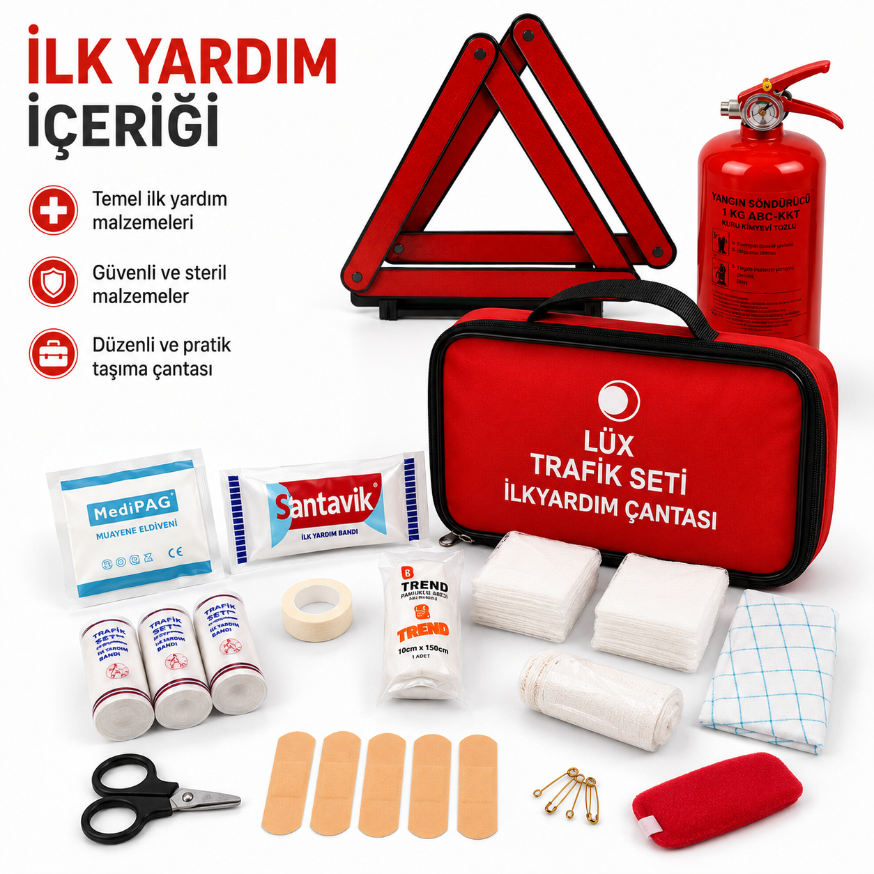 Lüks Araç Trafik Güvenlik Seti – 1 KG Yangın Söndürücü, İlk Yardım Çantası, Katlanabilir Reflektör, Çekme Halatı + 599 TL Değerinde Oto Ön Cam Şemsiyesi Hediye