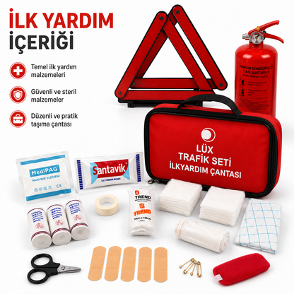 Lüks Araç Trafik Güvenlik Seti – 1 KG Yangın Söndürücü, İlk Yardım Çantası, Katlanabilir Reflektör, Çekme Halatı + 599 TL Değerinde Oto Ön Cam Şemsiyesi Hediye