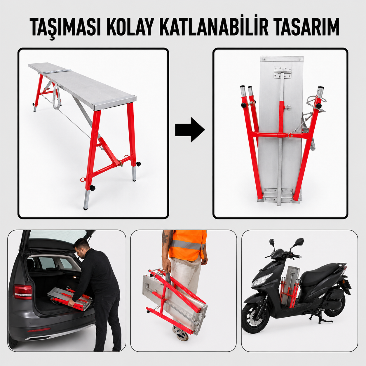 Midilli 400 Kg Taşıma Kapasiteli Teleskopik Katlanır İnşaat İskelesi – Alüminyum Platform, Çelik Ayak, 100×24×160 cm