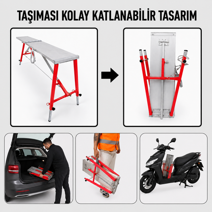 Midilli 400 Kg Taşıma Kapasiteli Teleskopik Katlanır İnşaat İskelesi – Alüminyum Platform, Çelik Ayak, 100×24×160 cm