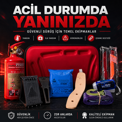 1 Kg Yangın Tüplü Premium Araç Trafik Seti – İlk Yardım Kitli ve 2 Reflektörlü