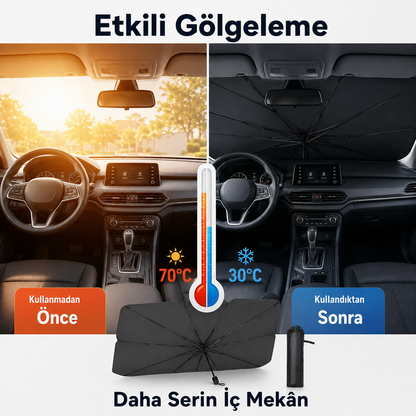Katlanabilir Şemsiye Tipi Araç Ön Cam Güneşliği 145x79 cm – Taşıma Kılıflı Oto Gölgelik