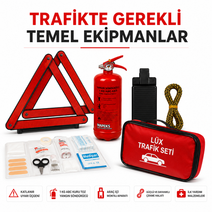 Lüks Araç Trafik Güvenlik Seti – 1 KG Yangın Söndürücü, İlk Yardım Çantası, Katlanabilir Reflektör, Çekme Halatı + 599 TL Değerinde Oto Ön Cam Şemsiyesi Hediye