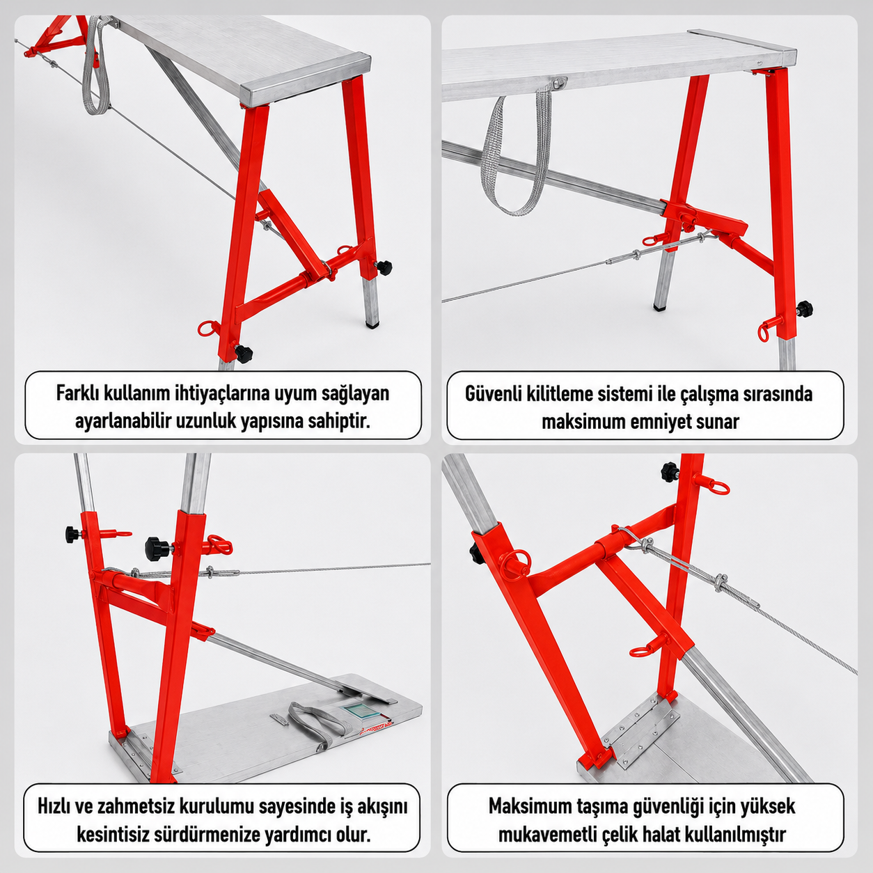 Midilli 400 Kg Taşıma Kapasiteli Teleskopik Katlanır İnşaat İskelesi – Alüminyum Platform, Çelik Ayak, 100×24×160 cm