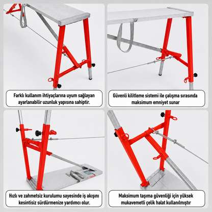 Midilli 400 Kg Taşıma Kapasiteli Teleskopik Katlanır İnşaat İskelesi – Alüminyum Platform, Çelik Ayak, 100×24×160 cm