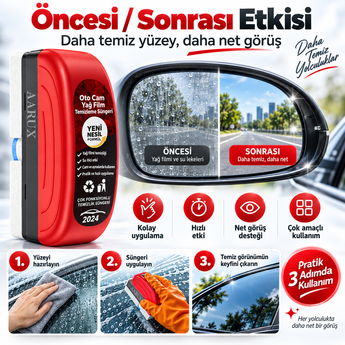 Araç Camı Yağ Filmi Temizleme Fırçası – Süngerli Pratik Oto Cam Temizleyici