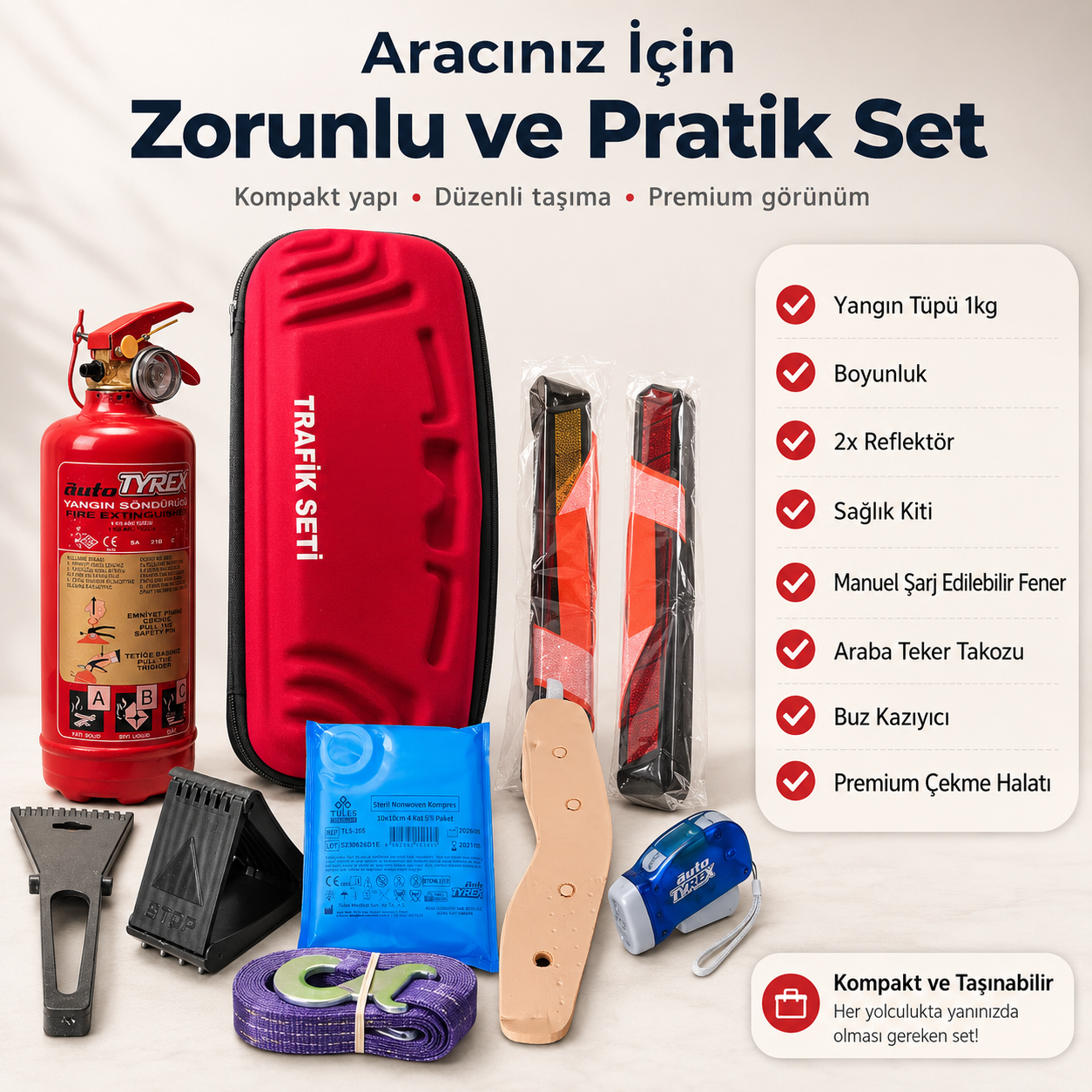 1 Kg Yangın Tüplü Premium Araç Trafik Seti – İlk Yardım Kitli ve 2 Reflektörlü