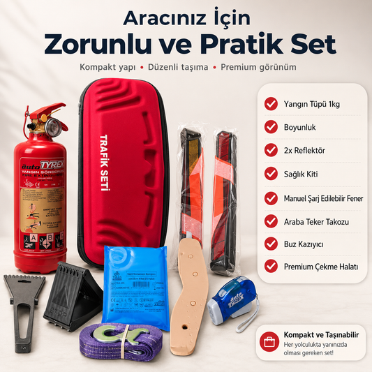 1 Kg Yangın Tüplü Premium Araç Trafik Seti – İlk Yardım Kitli ve 2 Reflektörlü