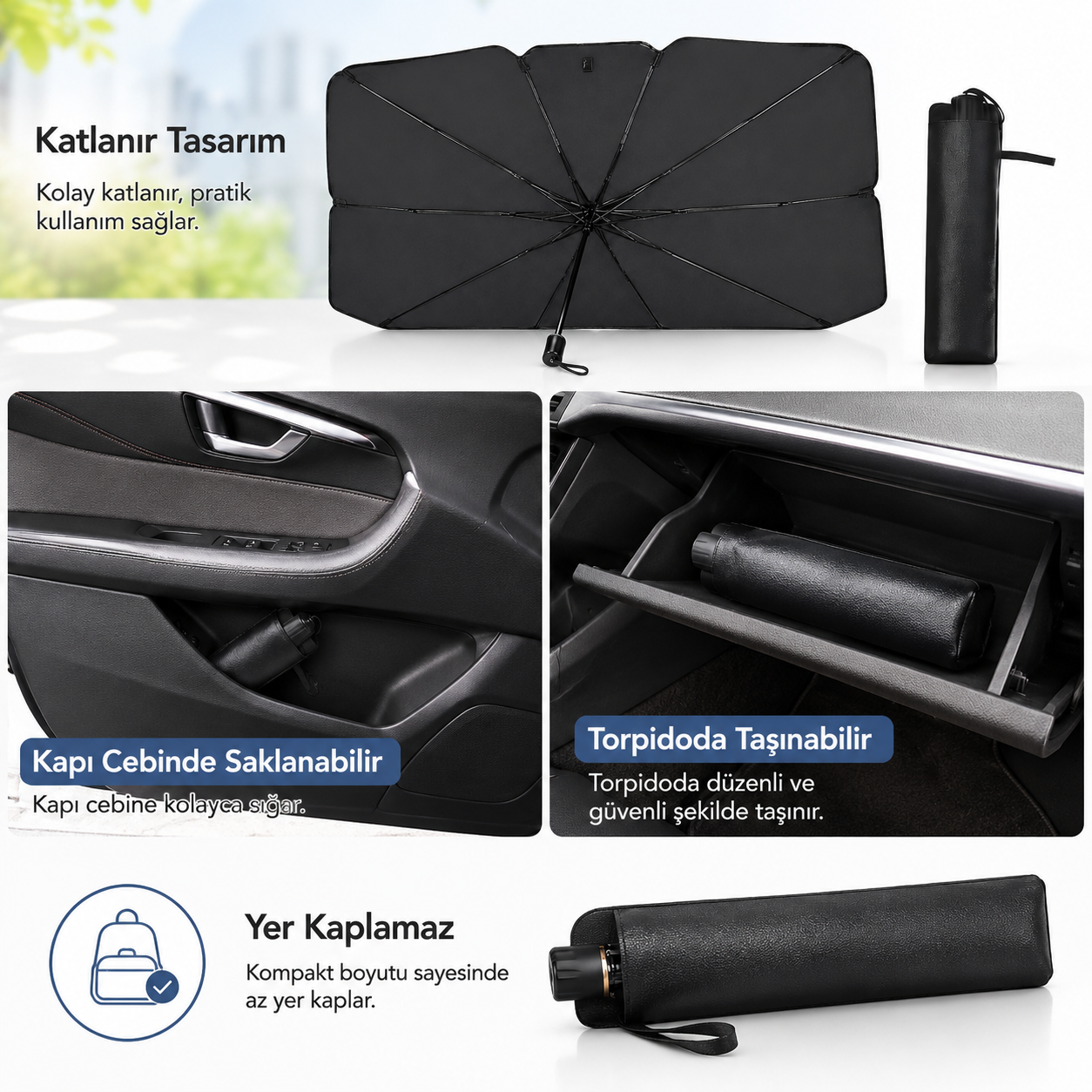 Katlanabilir Şemsiye Tipi Araç Ön Cam Güneşliği 145x79 cm – Taşıma Kılıflı Oto Gölgelik