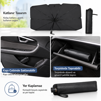 Katlanabilir Şemsiye Tipi Araç Ön Cam Güneşliği 145x79 cm – Taşıma Kılıflı Oto Gölgelik