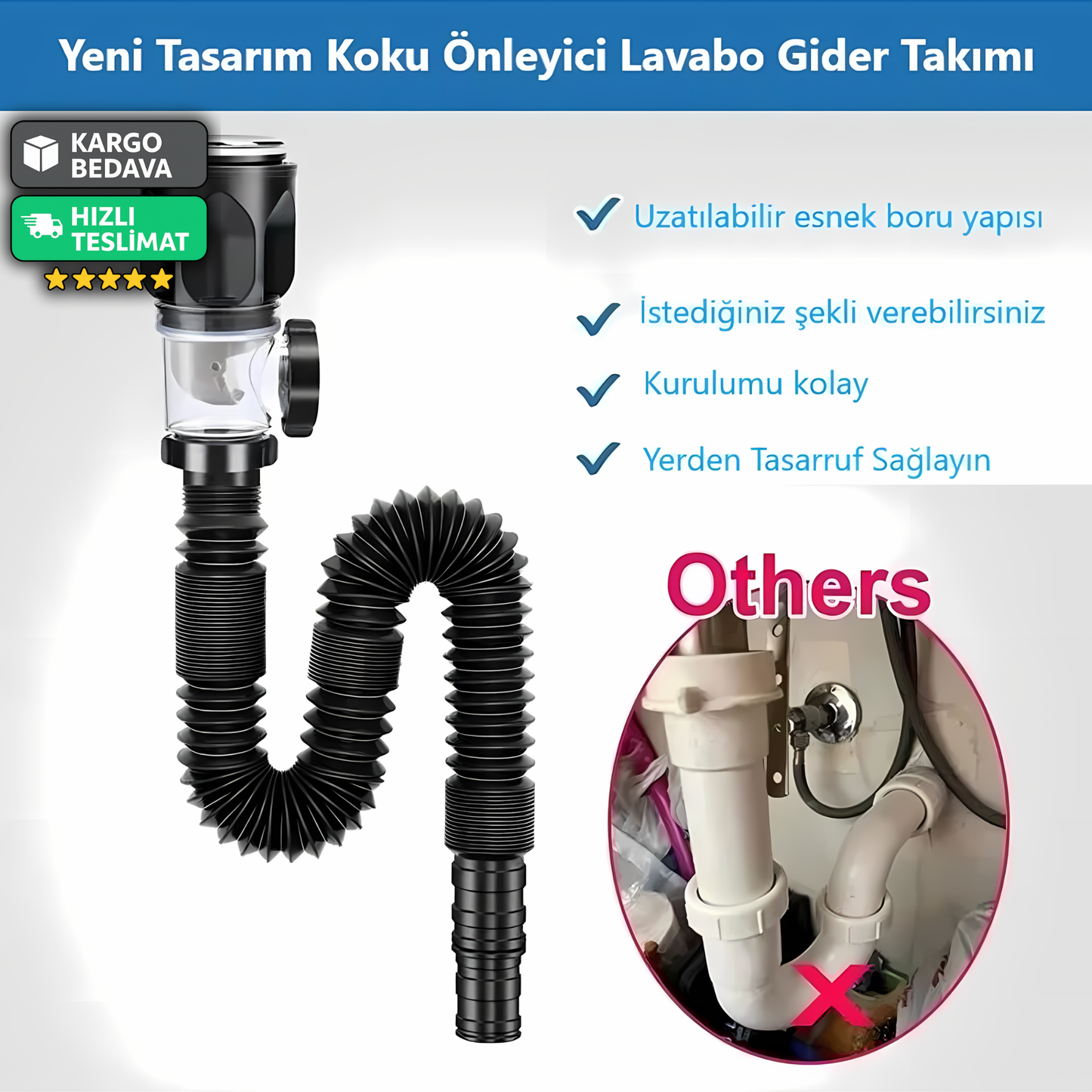 Esnek Lavabo Gider Seti – Sızdırmaz, Böcek Önleyici, Kolay Montaj