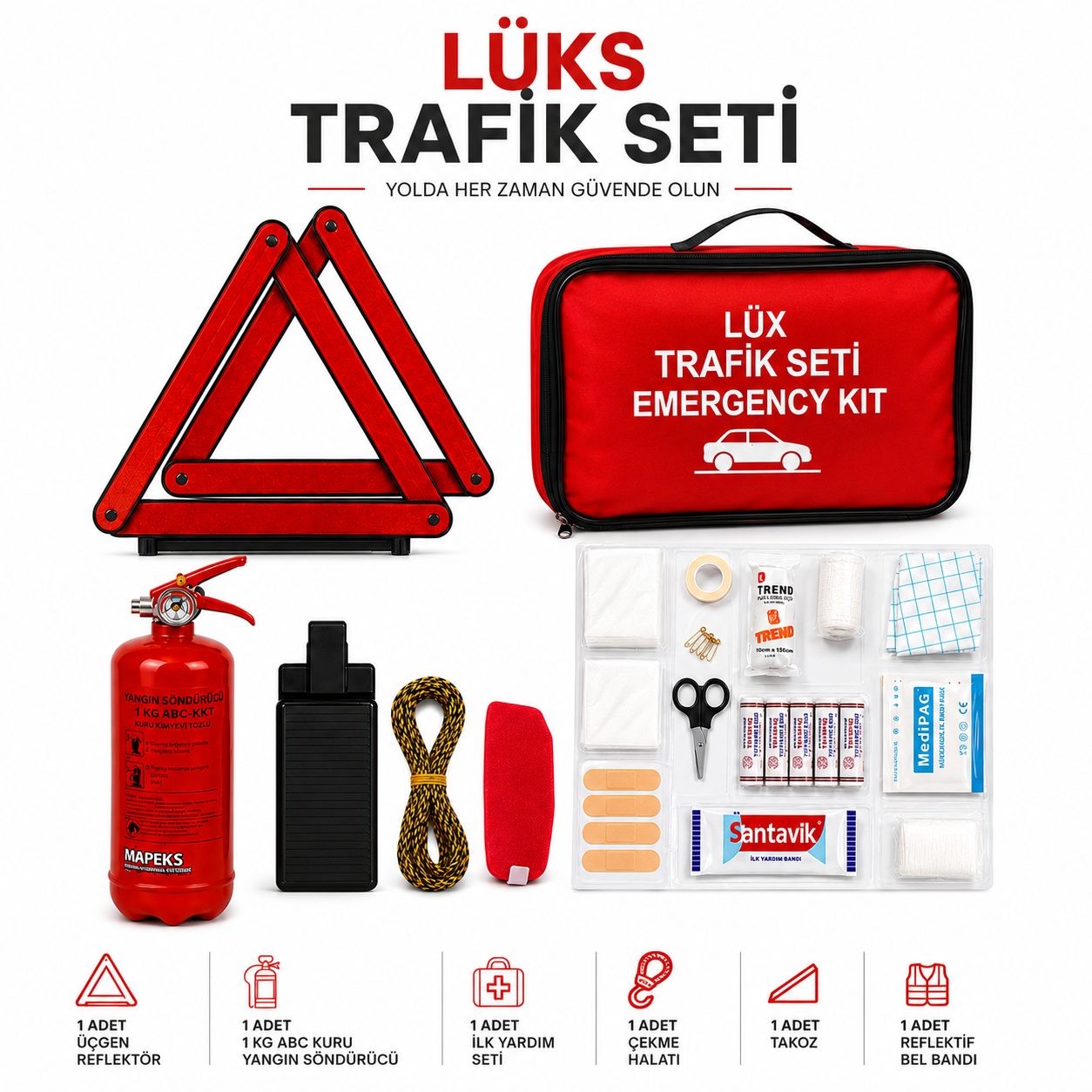 Lüks Araç Trafik Güvenlik Seti – 1 KG Yangın Söndürücü, İlk Yardım Çantası, Katlanabilir Reflektör, Çekme Halatı + 599 TL Değerinde Oto Ön Cam Şemsiyesi Hediye